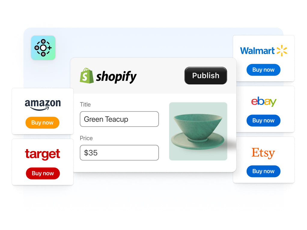 The image shows a diagram illustrating the ability to connect a Shopify store with multiple online marketplaces like Amazon, Target Plus, Walmart, eBay, and Etsy.